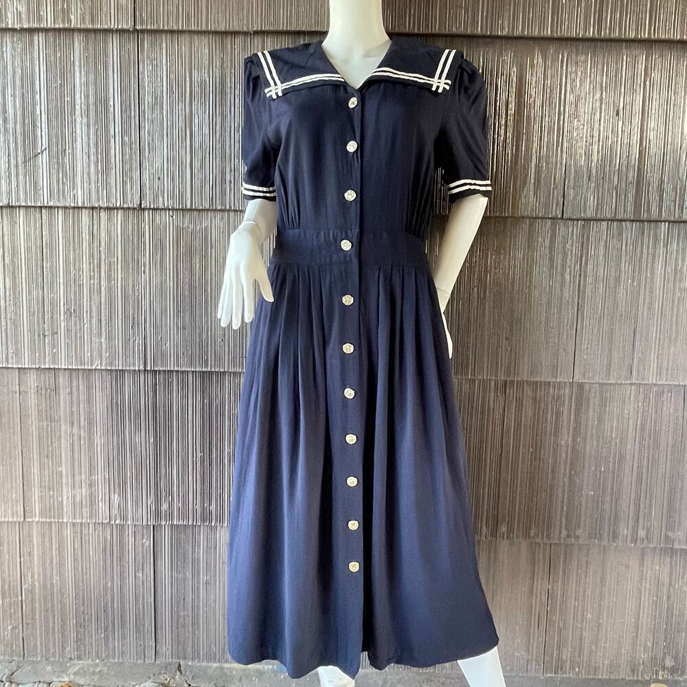 Vintage 80s Miss Dorby Navy Blue Sailor Collar Midi Dress Nautical Dark Academia